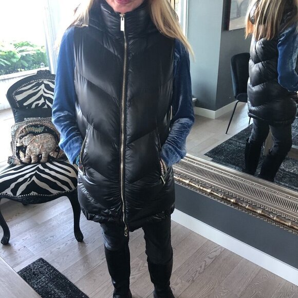 MICHAEL KORS Black Quilted Puffer Hoodie Vest Long Tunic Length high neck Gold S - Picture 1 of 16